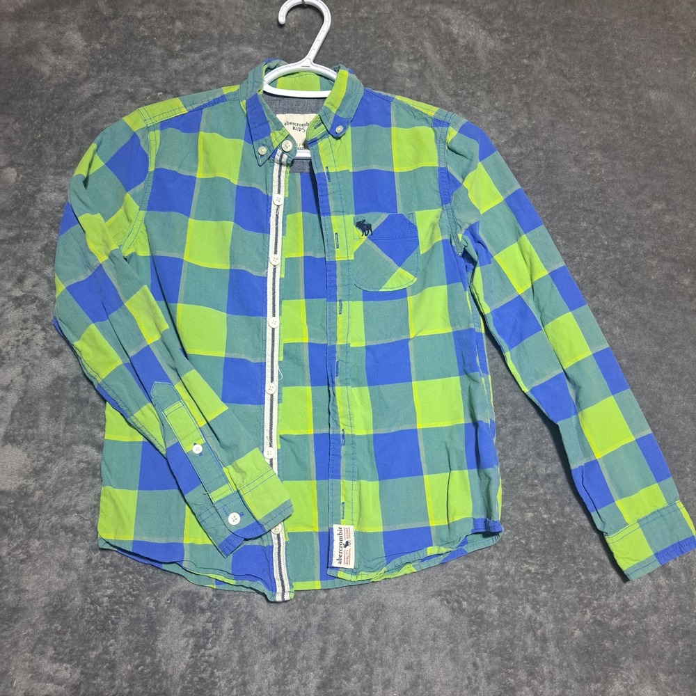 Abercrombie Kids Boys Blue Green Plaid Button Up Shirt Size 11/12 Preppy Casual